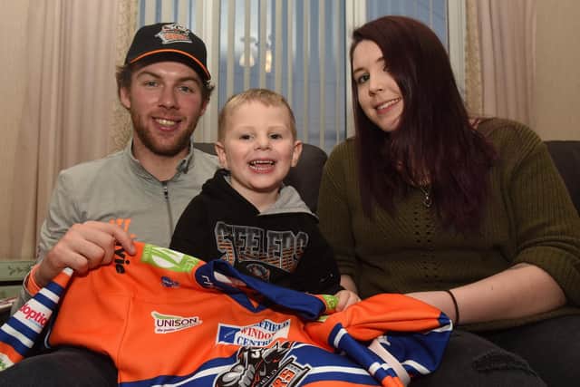William Fewkes and mum Alice, with Sheffield Steelers player Ben O'Connor.