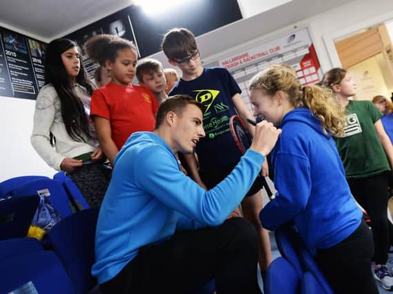 One Health Primary Schools Squash Festival at Hallamshire Tennis and Squash Club,Ecclesall Road with Sheffield's 3 time World Squash Champion Nick Matthew.Pictured are kids queuing up for Nick's autograph... Pic Steve Ellis