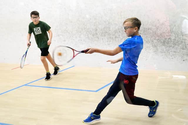 One Health Primary Schools Squash Festival at Hallamshire Tennis and Squash Club,Ecclesall Road with Sheffield's 3 time World Squash Champion Nick Matthew.Pictured are the kids in action Ben Seymour,St Wilfreds School....Pic Steve Ellis