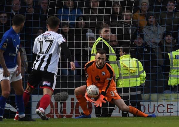 Picture by Howard Roe/AHPIX.com;Football;FA Cup;2nd Round;
Chesterfield v Grimsby;
02/12/2018  KO 2.00 pm;Proact Stadium;
copyright picture;Howard Roe;07973 739229;

Chesterfield's     Callum Burton saves a Grimsby shot