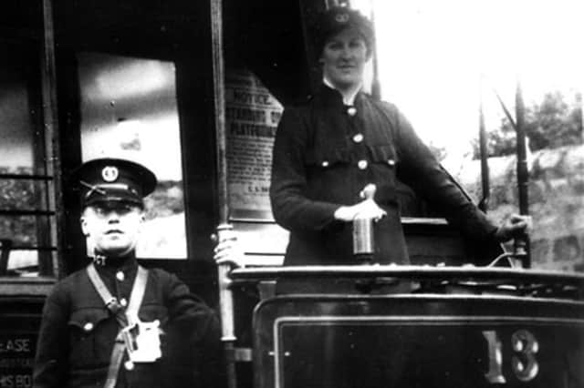 A motorwoman at the helm of car no 13, one of many women tram drivers in Doncaster during World War One