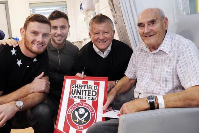 Sheffield United FC Visit to Weston Park Hospital.....LtoR Jack O'Connell,George Baldock and Chris Wilder meet Peter Kay of Stannington.....Pic Steve Ellis