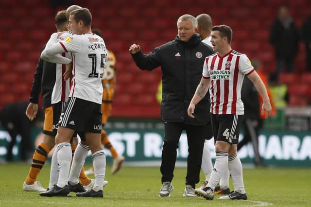 Chris Wilder manager of Sheffield Utd celebrates with his players: Simon Bellis/Sportimage