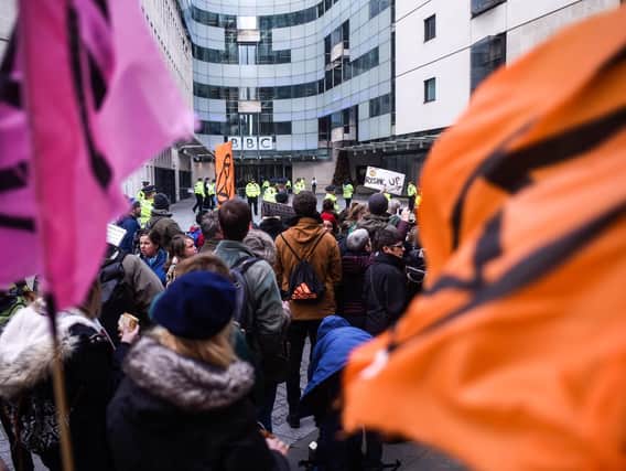 Protest from the Extinction Rebellion group outside the BBC's Broadcasting House in London, during a protest against the way they think the broadcaster covers the 'climate emergency'. Picture: Peter Summers/PA Wire