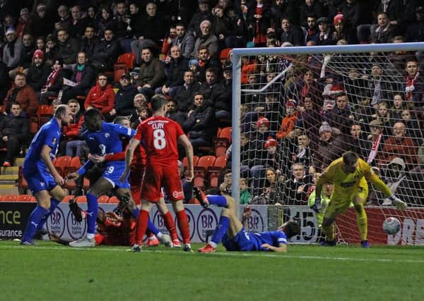 Picture by Gareth Williams/AHPIX.com; Football; Vanarama National League;  Leyton Orient v Chesterfield FC; 22/12/2018 KO 15.00; The Breyer Group Stadium; copyright picture; Howard Roe/AHPIX.com; Controversy as Spireites believed the ball had crossed the line before Orient keeper Dean Brill scooped it up