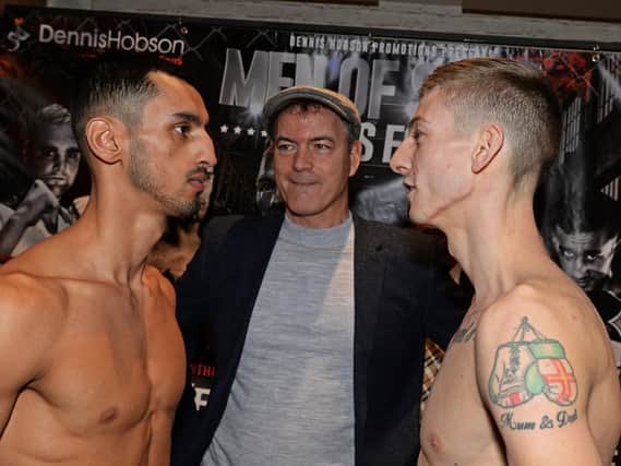 Loua Nassa, Brad Watson and Dennis Hobson, pictured during the weigh in earlier this year. Picture: Marie Caley