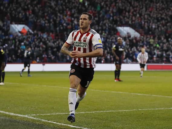 Billy Sharp celebrates scoring the 217th league goal of his career in Sheffield United's 3-1 win over Derby County at Bramall Lane.  Simon Bellis/Sportimage