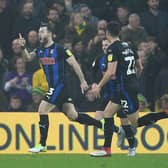 Rotherham United's Richie Towell (left) celebrates scoring the opening goal during the Sky Bet Championship match at Carrow Road, Norwich.