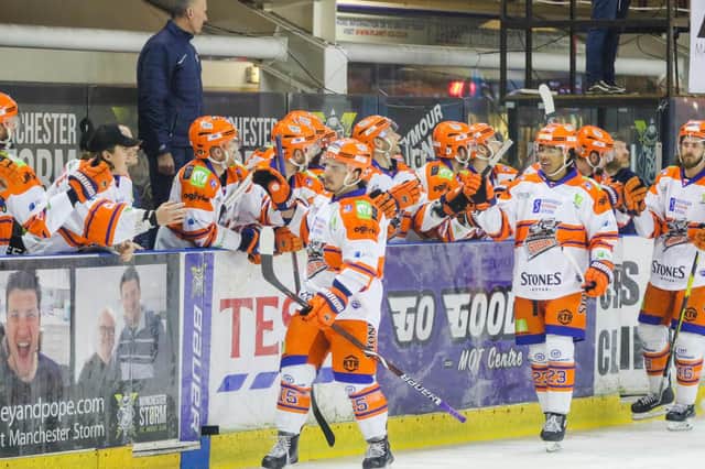Steelers' Anthony DeLuca celebrates a hat-trick after 21 minutes at Manchester