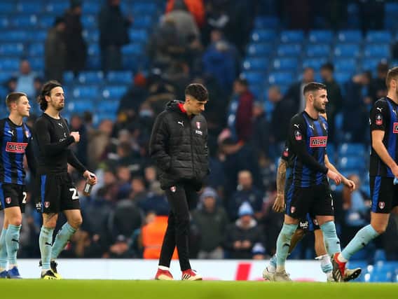 Rotherham players react following the FA Cup Third Round match between Manchester City and Rotherham United at the Etihad Stadium on January 6, 2019 in Manchester, United Kingdom.  (Photo by Alex Livesey/Getty Images)