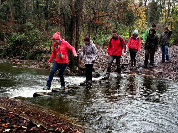 Netwalking in the Porter Valley: Faye Smith leads across the ford near Whiteley Woods