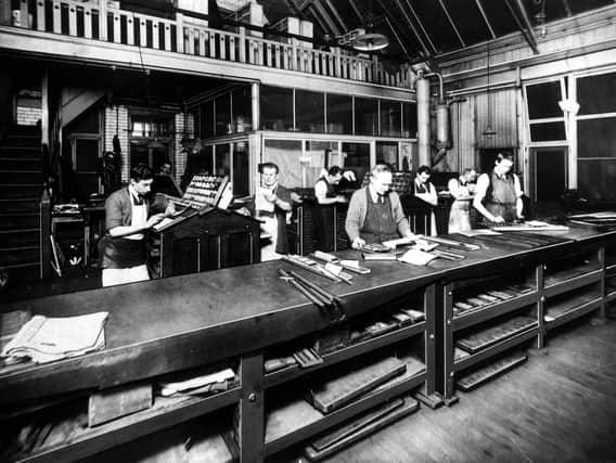 Composing Room in Sheffield Telegraph & Star Newspaper Offices, Kemsley House, High Street, estimated date 1900