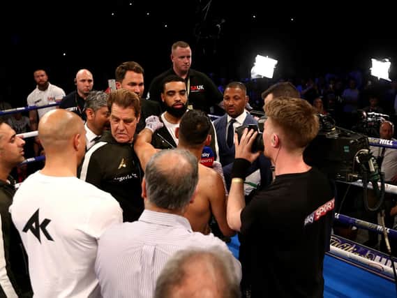 Amir Khan faces up with Kell Brook after his Super Welterweight bout against Phil Lo Greco of Italy at Echo Arena on April 21, 2018 (Photo by Jan Kruger/Getty Images)