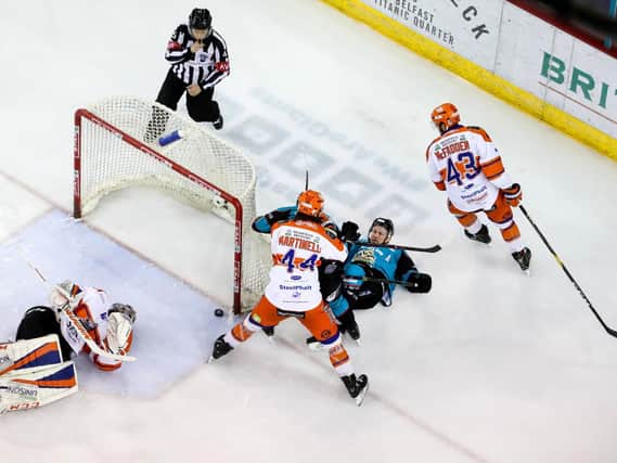 Belfast Giants' Dustin Johner with Sheffield Steelers' Jackson Whistle during Saturday nights Elite Ice Hockey League game at the SSE Arena, Belfast.