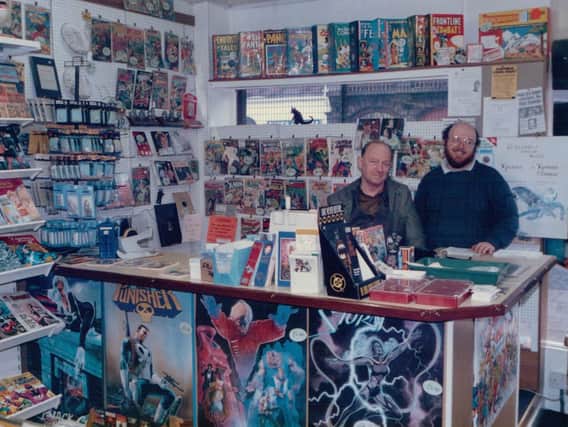 Dave Bromehead and his dad in the current shop in about 1987