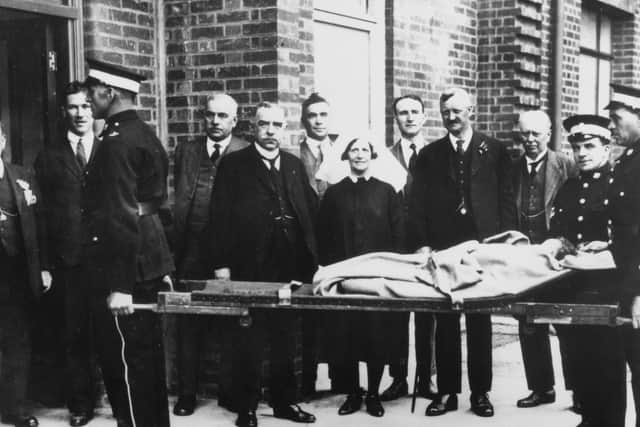 The first patient, A Quigley, enters the new infirmary on Thorne Road. Left to right: Mr W Temperton, Secretary/Superintendent Mr W Smith, Mr A B. Dodds, Chairman Mr A A Bell, Mr A Clarke, Matron Miss M Duesbury, House Surgeon Dr Crossley, Mayor Ald W J Crookes and Vice Chairman Mr E Phillips