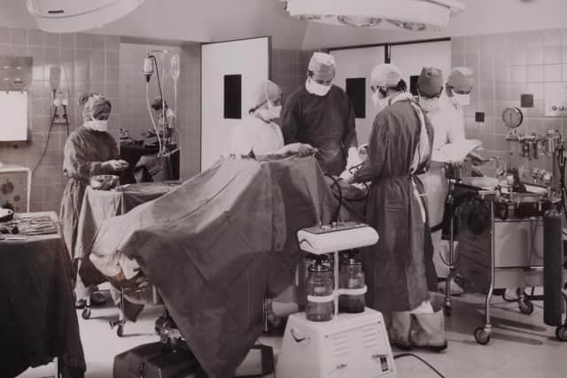 One of the new Doncaster Royal Infirmary operating theatres pictured in 1972, with Mr M H Holden, consultant oral surgeon, operating. Six identical theatres were available at this time and two orthopaedic theatres were based in the West Ward Block