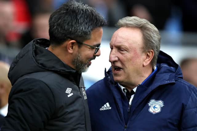 Cardiff City manager Neil Warnock (right) and Huddersfield Town manager David Wagner greet each other as their sides meet (pic: Nick Potts/PA Wire)