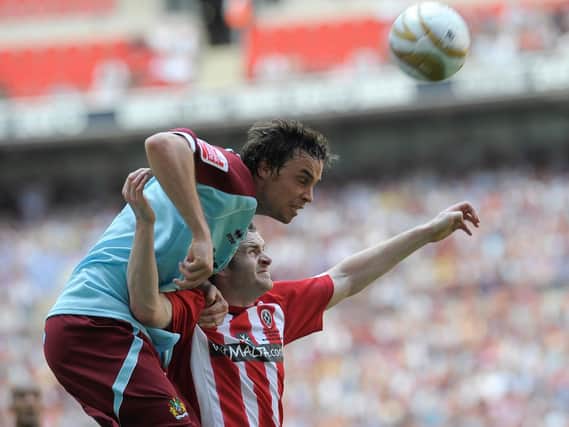 United's Craig Beattie challenges with Burnley's MIchael Duff  during their Coca-Cola Championship play off Final at Wembley Stadium, London, 25th May 2009.