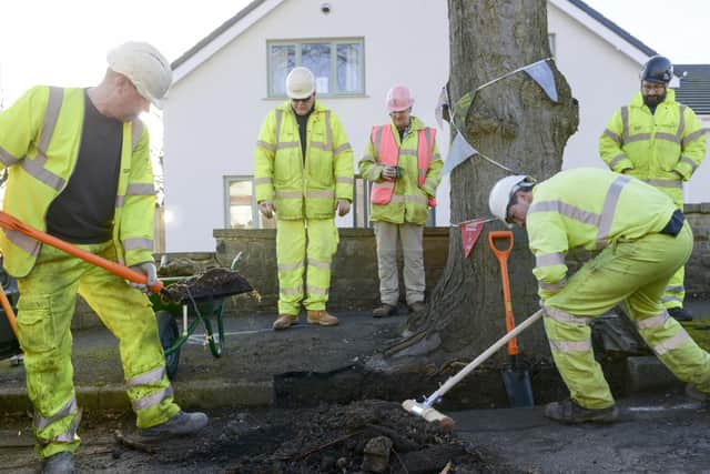 Workers from Amey prepare the road around a tree on Chatsworth Road in sheffield for remedial work