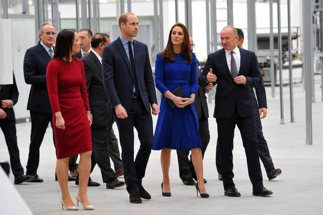 TRH The Duke and Duchess of Cambridge with Mike Flewitt, Chief Executive Officer, McLaren and Ruth Nic Aoidh, Executive Director of Commercial and Legal at opening of the McLaren factory. Picture: Dave Poucher