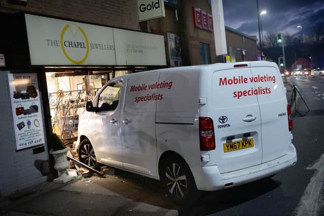 The scene at The Chapel Jewellers on London Road,Sheffield, just after the attempted ram raid. Picture: Steve Ellis