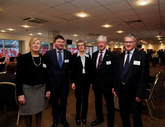 Breakfast conference on Brexit at the New York Stadium, Rotherham.. Pictured from the left are Jayne Mezulis, Greg Wright, Jenny Lawson, William Beckett, Neil MacDonald.. ..17th January 2019.Picture by Simon Hulme