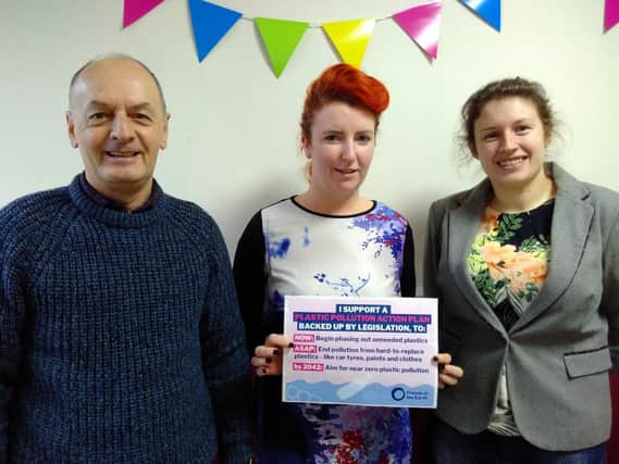 Louise Haigh, MP for Sheffield Heeley, (centre), is backing a call from city-based environment groups for the governmentto reduce plastic pollution. She is pictured with Charlotte Hutton, a member of theSheffield-based Plastic Free Project Facebook group, and Richard Souter, of Sheffield Friends of the Earth.