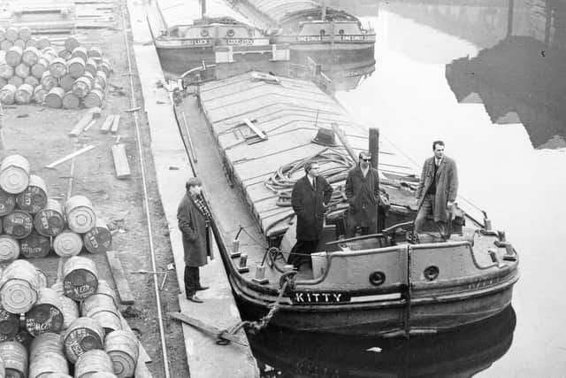 The barge Kitty alongside the canal wharf, Sheffield Canal Basin, 1964