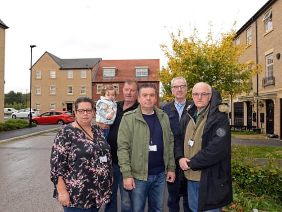 Mexboough Councillors Bev Chapman, Sean Gibbons and Andy Pickering, pictured on the Shimmer Estate with Ian Chapman, Annie Chapman, 14 months and Anti HS2 campaigner Mick Riley. Picture: Marie Caley NSST-15-10-18-HS2Shimmer-2