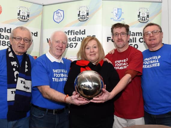 (l-r) Mick Broomhead, Dave Redfern, Claire Harris, Nigel Beatson and John Longstaff MBE of Sporting Memories at the Sheffield Heritage Fair.