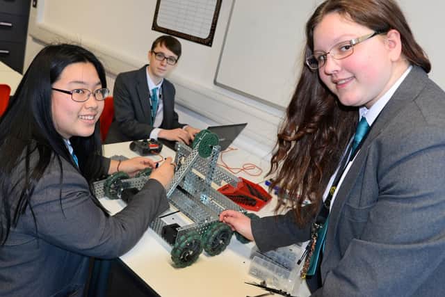 Jane Guan, 16, Jack Underwood, 15 and Caitlin Allen, 15, pictured in the Robotics Suite. Picture: Marie Caley NSST-17-01-19-UTCSheff-4