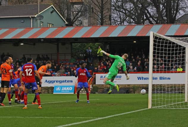 Picture by Gareth Williams/AHPIX.com; Football; Vanarama National League; Aldershot Town v Chesterfield FC; 19/01/2019 KO 15.00; The EBB Stadium; copyright picture; Howard Roe/AHPIX.com; Chesterfield's Will Evans heads them in front against his former side Aldershot