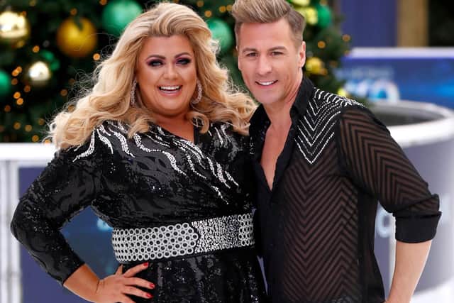 Gemma Collins and Matt Evers during a photocall for the new series of Dancing On Ice at the Natural History Museum Ice Rink . (Photo by John Phillips/Getty Images)