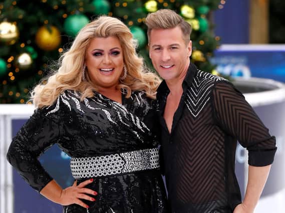 Gemma Collins and Matt Evers during a photocall for the new series of Dancing On Ice at the Natural History Museum Ice Rink . (Photo by John Phillips/Getty Images)