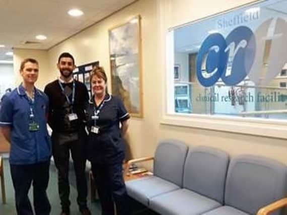 Dr Imran Aziz (centre) who is running the TRITON trial in Sheffield with Amanda Cresser-Myers, Team Leader and Liam Haslam, Research Charge Nurse at the Sheffield National Institute for Health Researchs Clinical Research Facility where the study is being run.