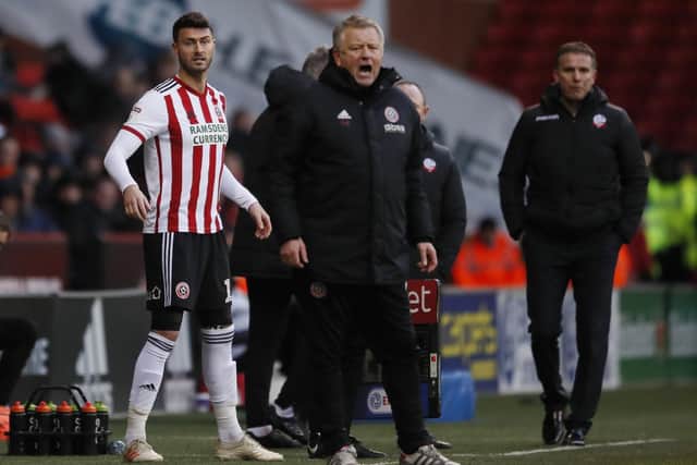 Gary Madine and Sheffield United manager Chris Wilder: Simon Bellis/Sportimage