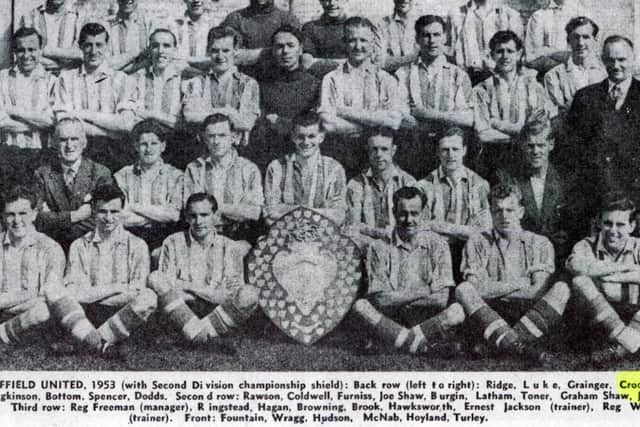 Sheffield United in 1953, with the Second Division championship shield. Ron Crookes is fourth from left, back row