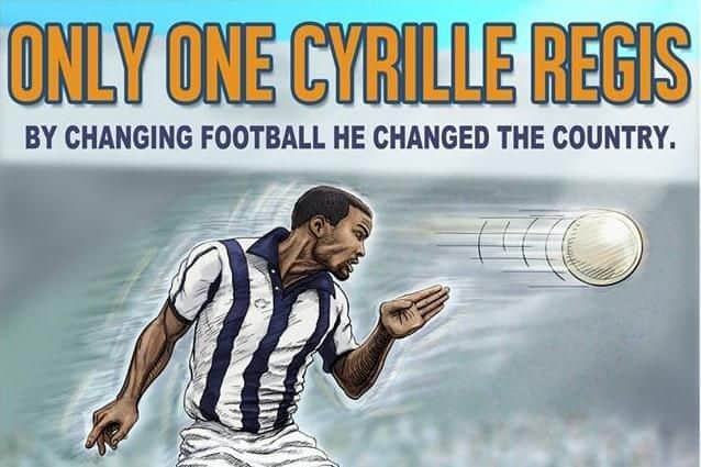 A postcard of a Sheffield anti-racist groups' celebration of black football star Cyrille Regis