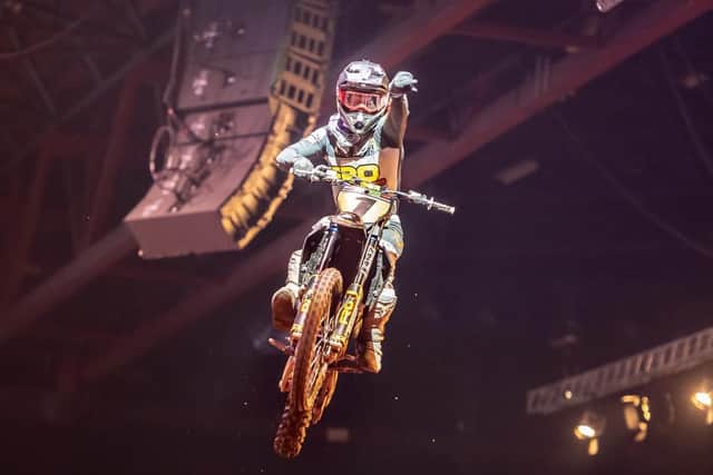 Motorbike daredevils about to fly in at Sheffield FlyDSA Arena. Photos: Arenacross 2019.