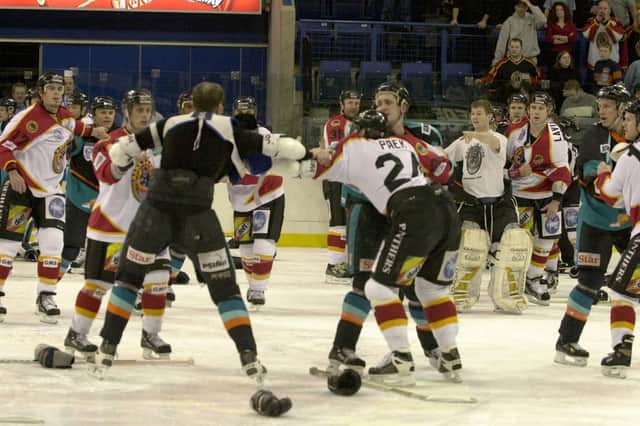 Fighting on ice between Nottingham Panthers and Sheffield Steelers on February 9, 2001