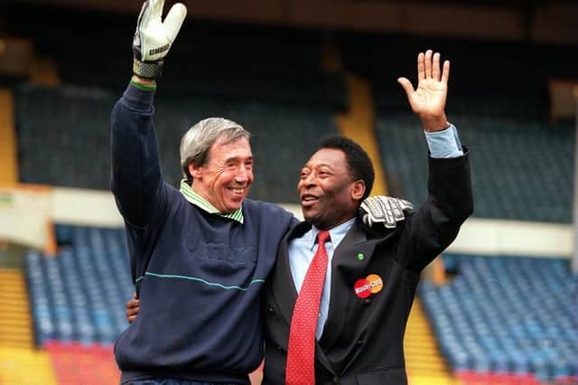 Gordon Banks, left, and Pele. Picture: Clive Mason/ALLSPORT