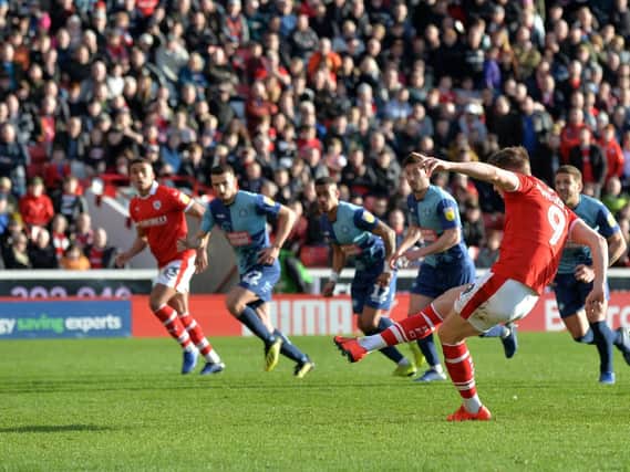 Cauley Woodrow scores from the penalty spot. 16  February 2019.  Picture Bruce Rollinson