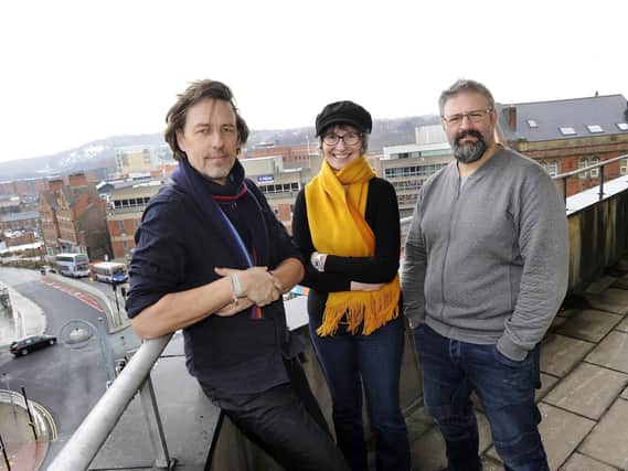 Nick Morgan of Kollider and Mel Kanarek and Chris Dymond of Sheffield Digital at Castle House - the awards will be one of the first events at the citys new tech hub.