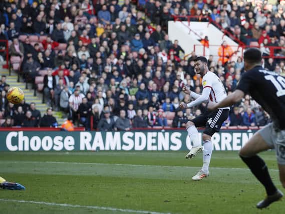 Gary Madine of Sheffield Utd scores his first for the club: Simon Bellis/Sportimage