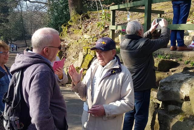 Tony Foulds talks with well-wishers in front of the memorial to the crew of, an American bomber, in Endcliffe Park, Sheffield. PRESS ASSOCIATION Photo. Picture date: Saturday February 23, 2019. The B-17 Flying Fortress Mi Amigo crash on February 22, 1944. See PA story MEMORIAL Flypast. Photo credit should read: Dave Higgens/PA Wire