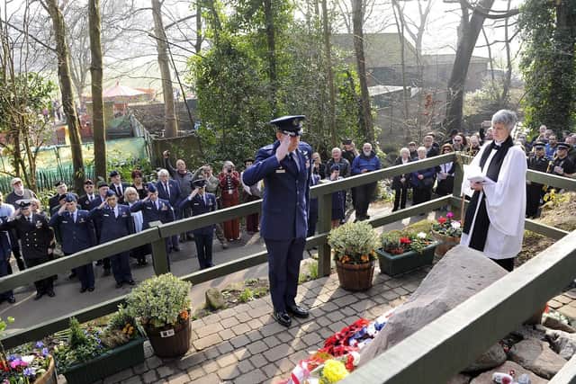 Pictured is Colonel James E.Smith laying a wreath at the Mi Amigo Memorial Service,Endcliffe Park,Sheffield.