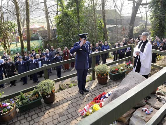 Pictured is Colonel James E.Smith laying a wreath at the Mi Amigo Memorial Service,Endcliffe Park,Sheffield.
