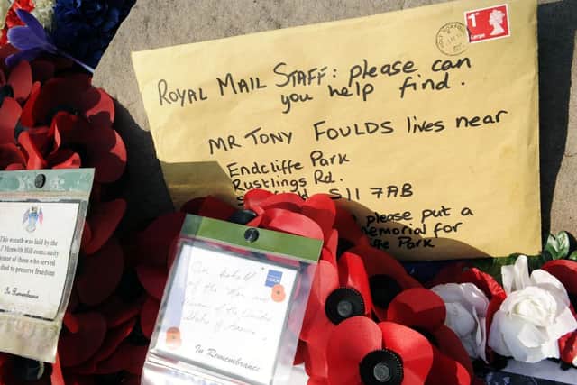 A Envelope sent through the post laid on the memorial