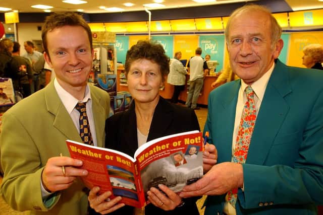 Former Yorkshire TV weatherman Bob Rust at a book signing with co-author Paul Hudson and Diane Corker, who was getting her copy of Weather or Not! signed